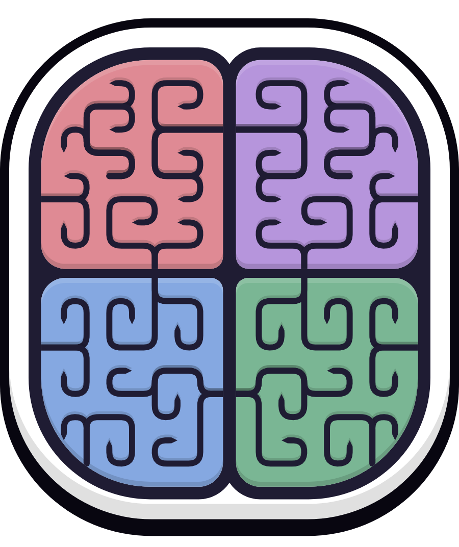 The Brain Groove brain, its four quadrants filled in one colour each — one per skill.